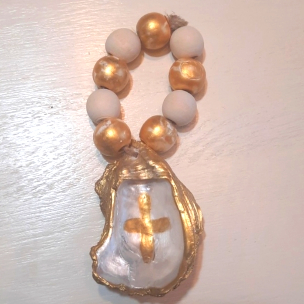 Prayer Beaded Oyster Shell Accent With Cross - Coastal Decor